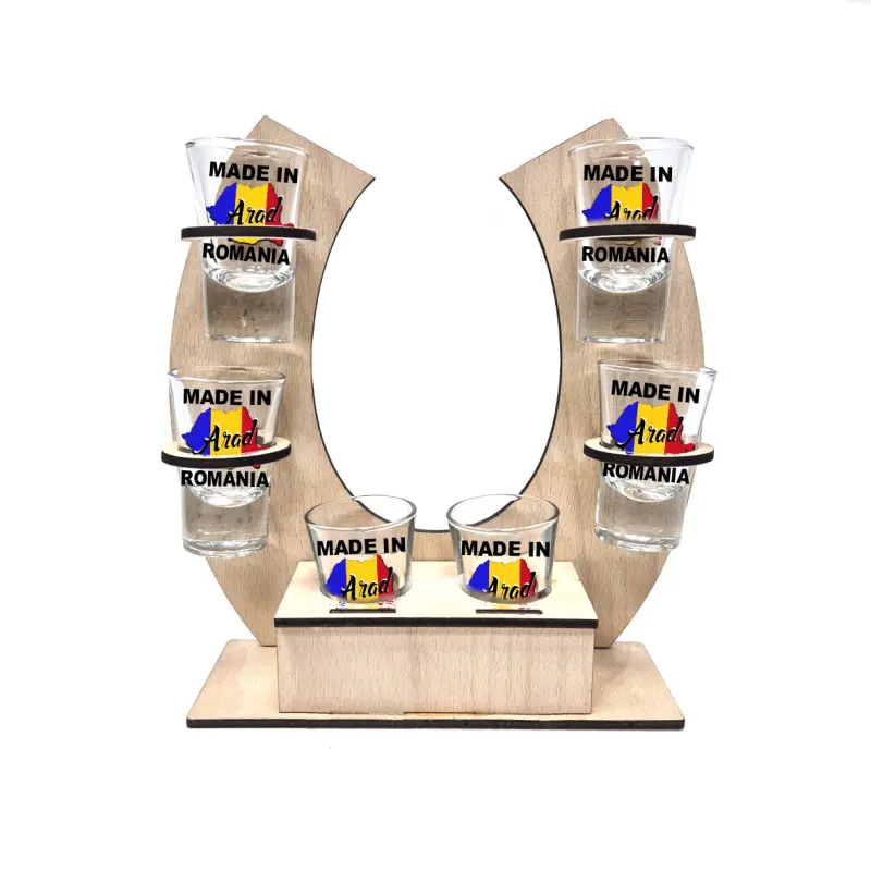 Made in arad, suport potcoava din lemn cu 6 pahare tip shout, model hgs027